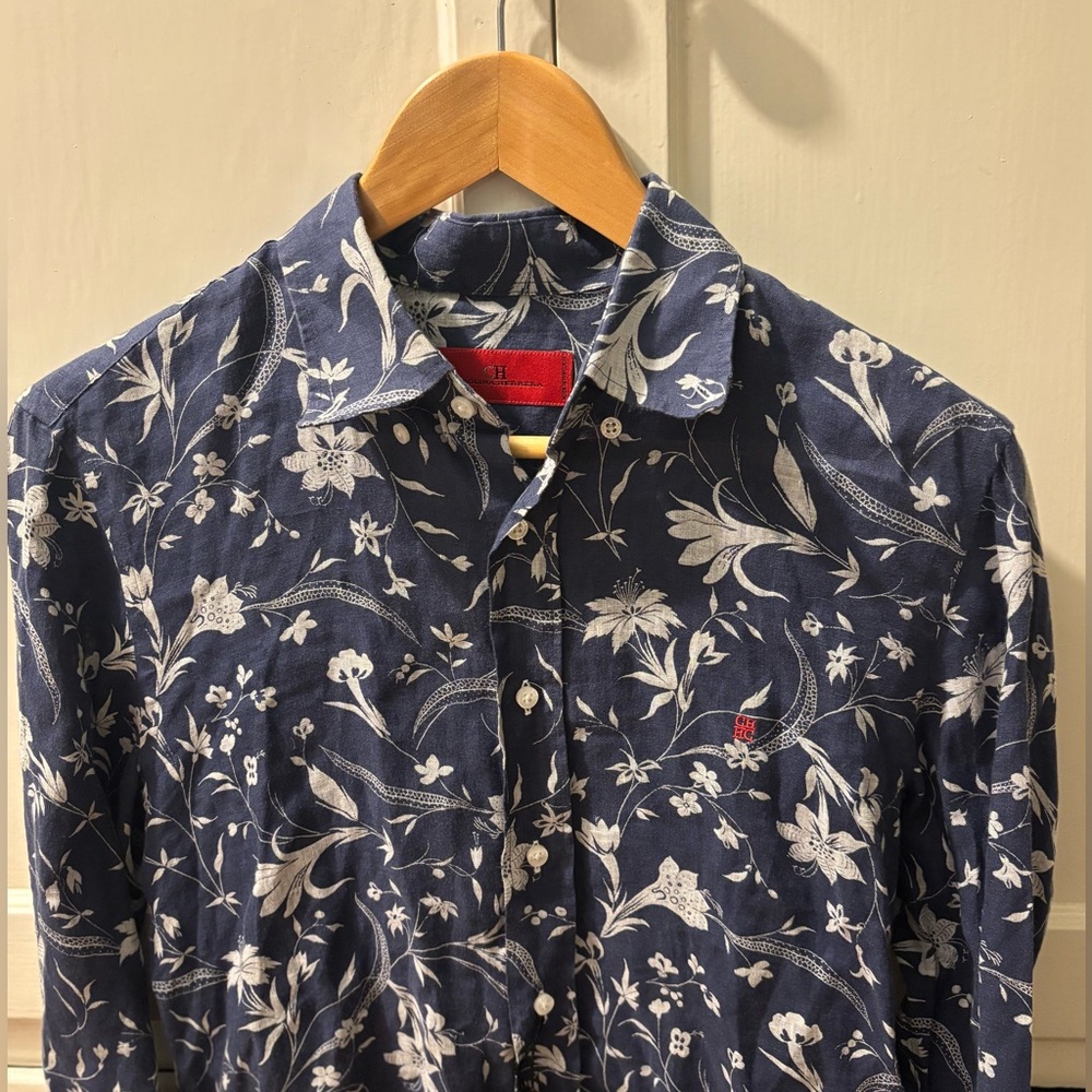Carolina Herrera Men's Linen Blue Floral Print Button Down Shirt - Size 15 - Picture 9 of 11